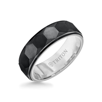 7MM Tungsten Carbide Ring - Faceted Hexagon Pattern and Step Edge