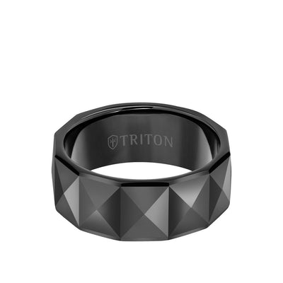 9MM Tungsten Carbide Ring - Faceted Pyramid Pattern and Round Edge