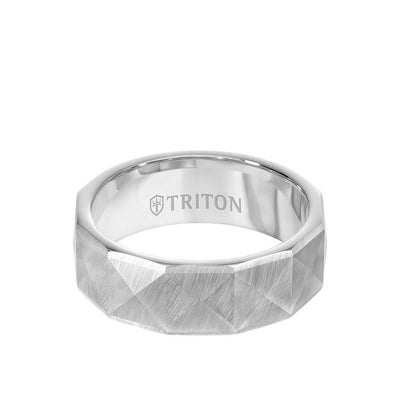 7MM Tungsten Carbide Ring - Faceted Pyramid Pattern and Round Edge
