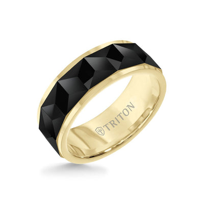 8MM Tungsten Carbide Ring - Faceted Chevron Pattern and Bevel Edge