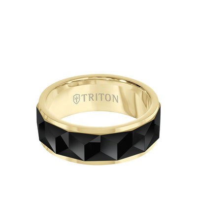 8MM Tungsten Carbide Ring - Faceted Chevron Pattern and Bevel Edge