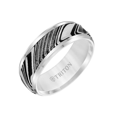 8MM Tungsten Carbide Ring - Damascus Steel with Bevel Edge