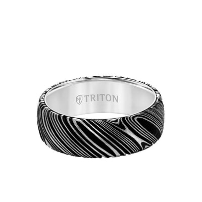 8MM White Tungsten Carbide Ring with Damascus Steel