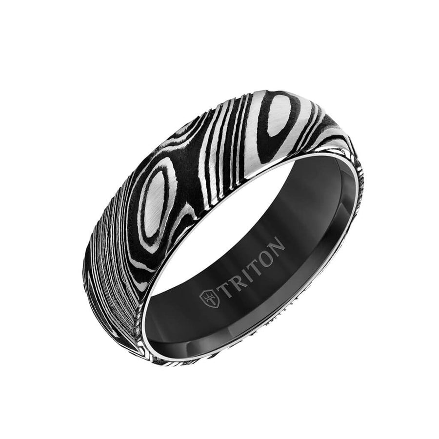 7MM Black Tungsten Carbide Ring with Damascus Steel