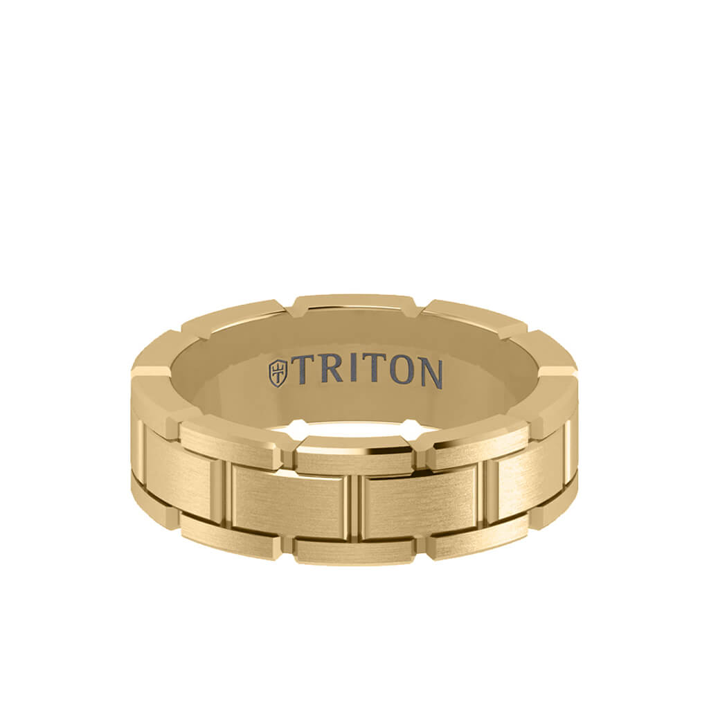 7MM 14K Gold Ring - Satin Finish Link Design and Flat Edge pic