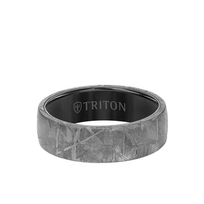 7MM Tungsten Carbide Ring - Meteorite Low Dome and Flat Edge