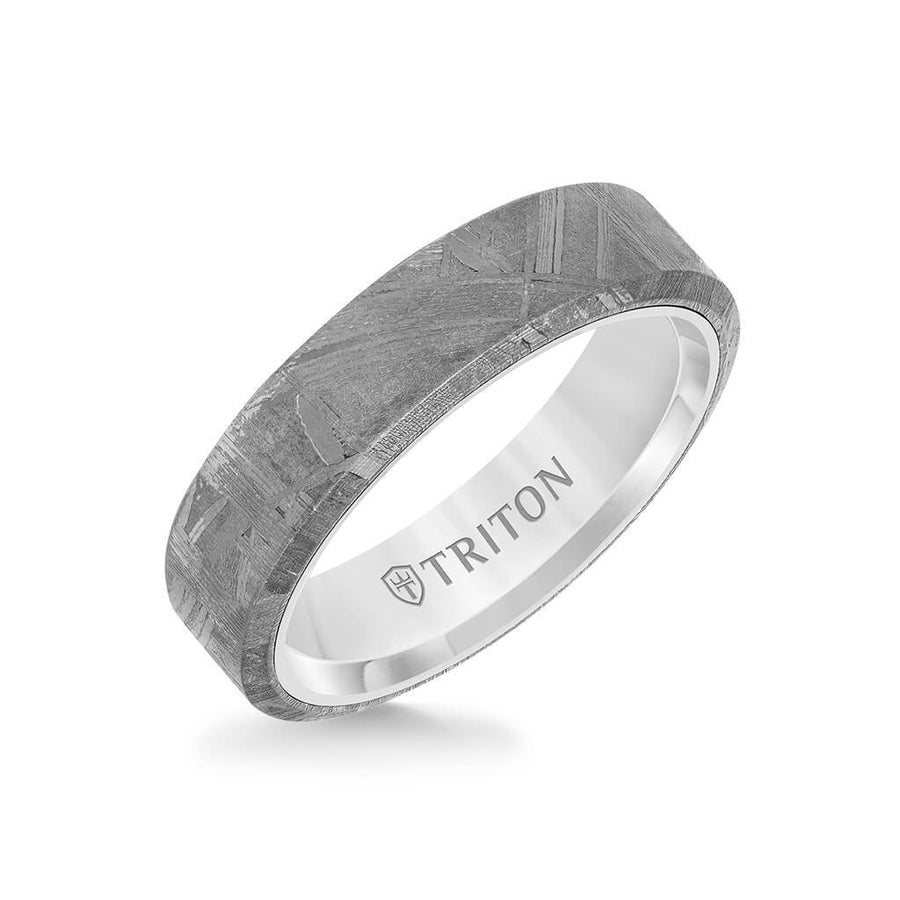 6MM Tungsten Carbide Ring - Meteorite Flat Profile and Bevel Edge