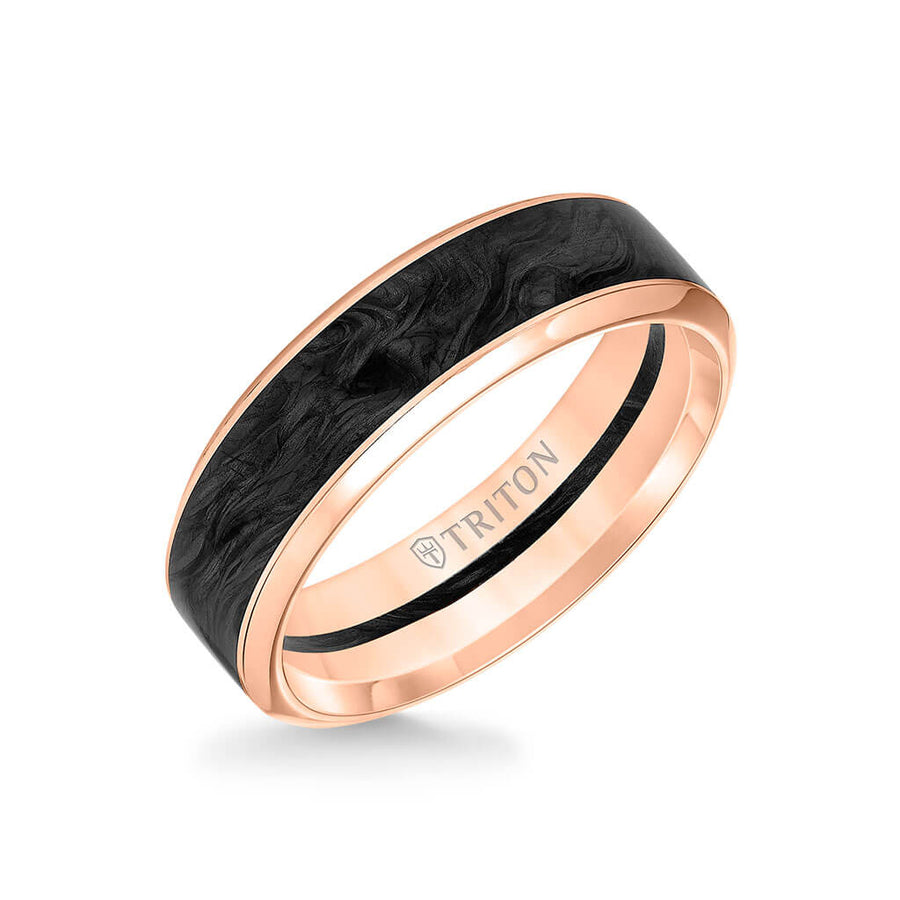 7MM 14K Gold Ring + Forged Carbon - Channel Center & Bevel Edge