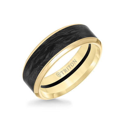 8MM 14K Gold Ring + Forged Carbon - Channel Center & Bevel Edge