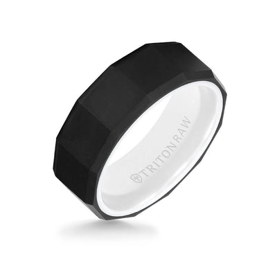 8MM Tungsten RAW Black DLC Ring - Faceted Pattern, Ceramic Interior and Bevel Edge