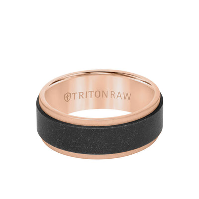 8MM Tungsten RAW Black DLC + 14K Rose Gold Ring - Flat Profile and Step Edge