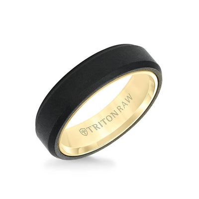 6MM Tungsten RAW Black DLC + 14K Yellow Gold Ring - Soft Sand Finish and Bevel Edge