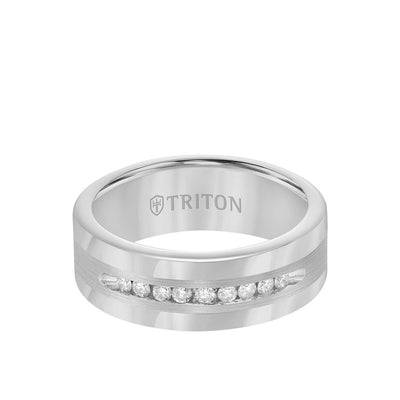 8MM Tungsten Diamond Ring - Channel Set Silver Satin Finish and Round Edge