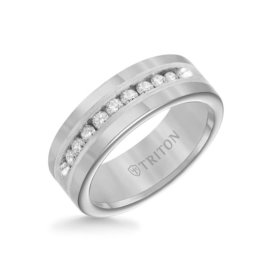 8MM Tungsten Diamond Ring - Channel Set Silver Satin Finish Inlay and Round Edge