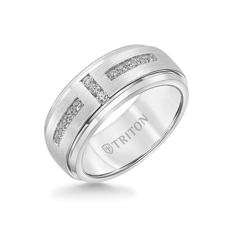 9MM Tungsten Diamond Ring - Channel Set Silver Satin Finish and Bevel Edge