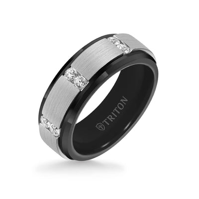 8MM Tungsten Diamond Ring - Vertical Channel Set Silver Satin Finish and Bevel Edge
