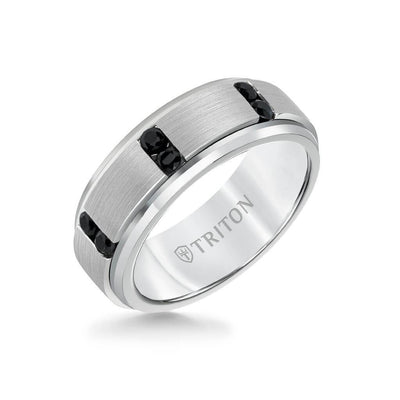8MM Tungsten Black Sapphire Ring - Vertical Channel Set Silver Satin Finish and Bevel Edge