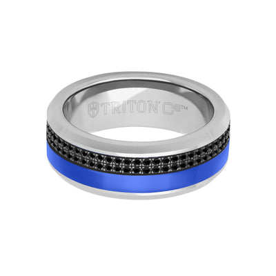 8MM Tungsten Carbide Ring - Asymmetrical Ceramic Channel with Double Row Eternity Black Sapphires and Beveled Edge