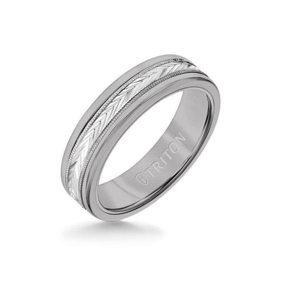 6MM Grey Tungsten Carbide Ring - Herringbone 14K White Gold Insert with Round Edge
