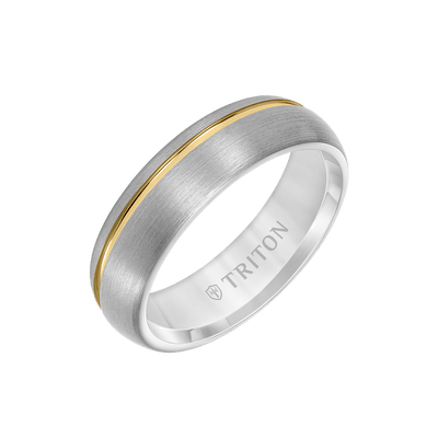 Mens Grey Tungsten Wedding Ring with Asymmetrical Yellow Line