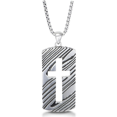 Rogue 26'' Silver Dog Tag Necklace with Cut-out Cross with a Damascus-inspired Pattern