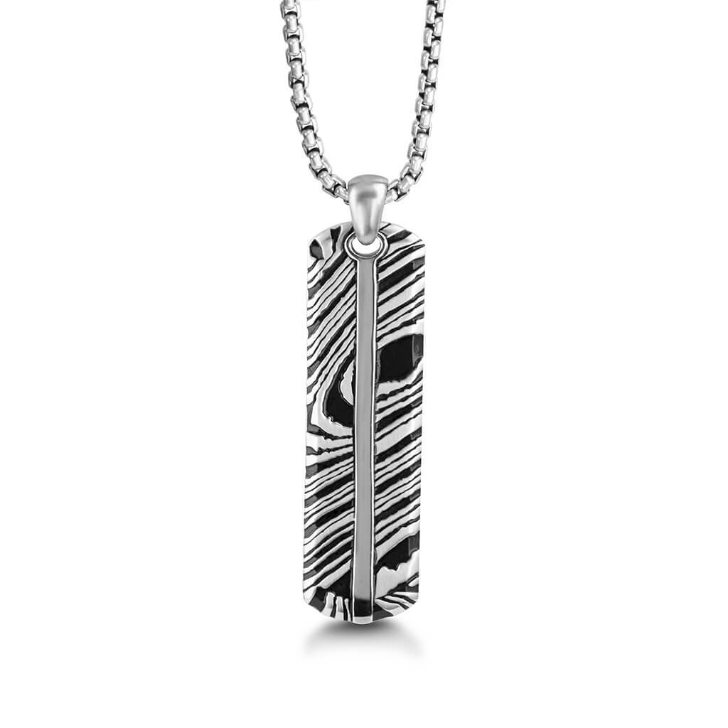 Silver & Damascus Pattern Dog Tag 26 Necklace - Triton Jewelry