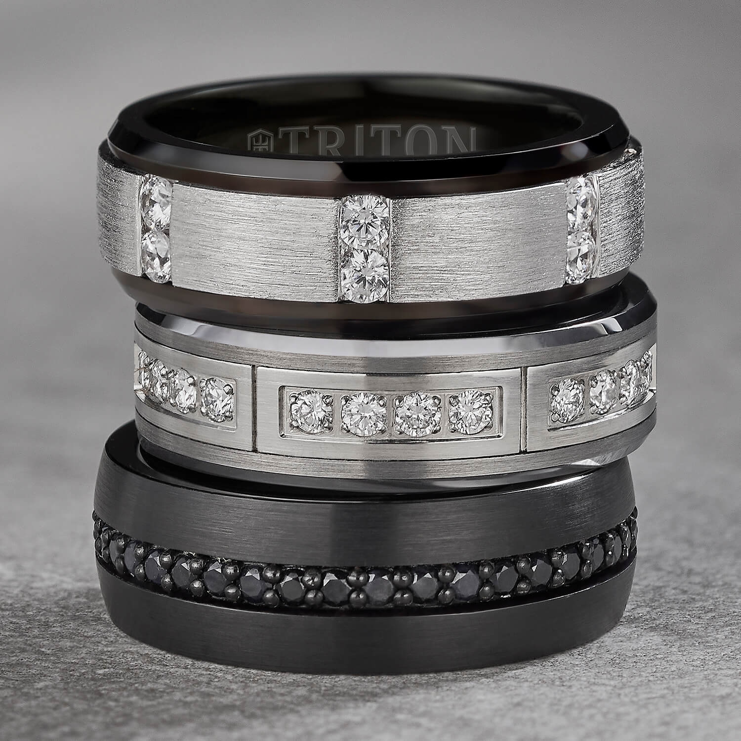 Black Tungsten Ring Set with Clear CZ Wedding Band Castleweddingbands.com