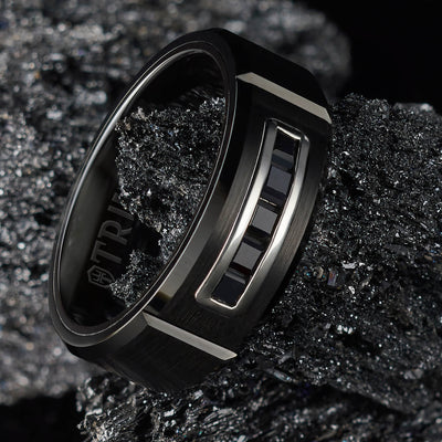 8MM Tungsten RAW Black DLC Ring - Channel Set Square Black Sapphires and Black Ceramic Interior
