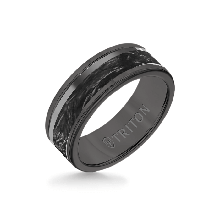 8MM Black Tungsten Carbide Ring - Forged Carbon and Titanium Off Center Insert with Round Edge
