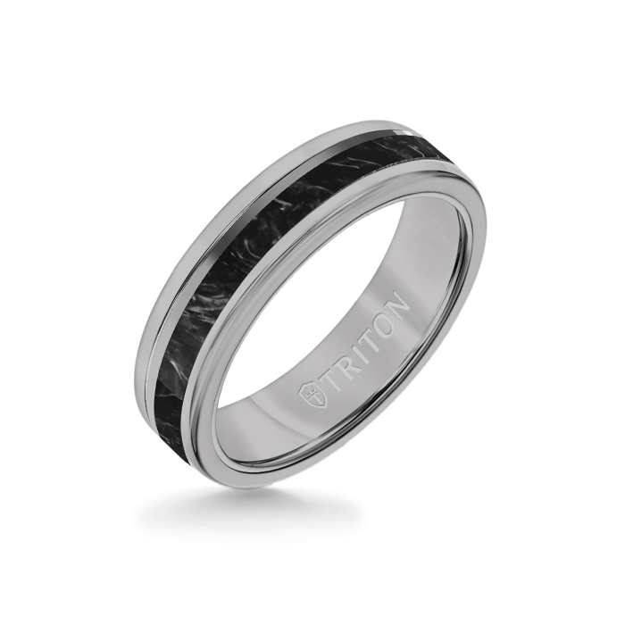6MM Gray Tungsten Carbide Ring - Forged Carbon and Titanium Off Center Insert with Round Edge