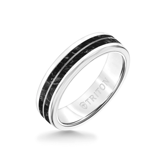 6MM White Tungsten Carbide Ring - Forged Carbon and Titanium Center Line Insert with Round Edge