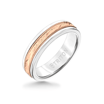 6MM White Tungsten Carbide Ring - Herringbone 14K Rose Gold Insert with Round Edge