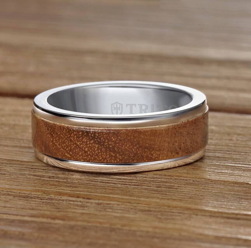 6MM Grey Tungsten Carbide Ring - Wood Insert with Round Edge